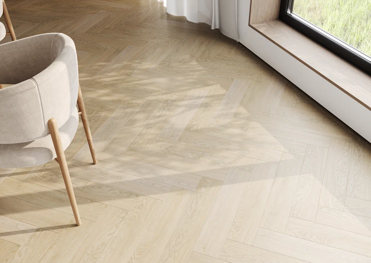 Кварцвиниловый SPC ламинат Home Expert Parquet Дуб Летний 33-3004 венгерская елка 615×123×3,5 фото в интерьере